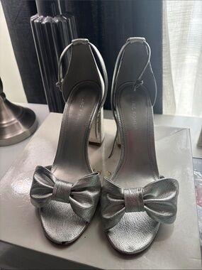 Marc Fisher Metallic Silver Bow Block-Heel Sandals